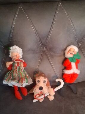 Annalee Holiday Plush Santa, Mrs. Claus and Candy Cane Dog Set - Red & Green